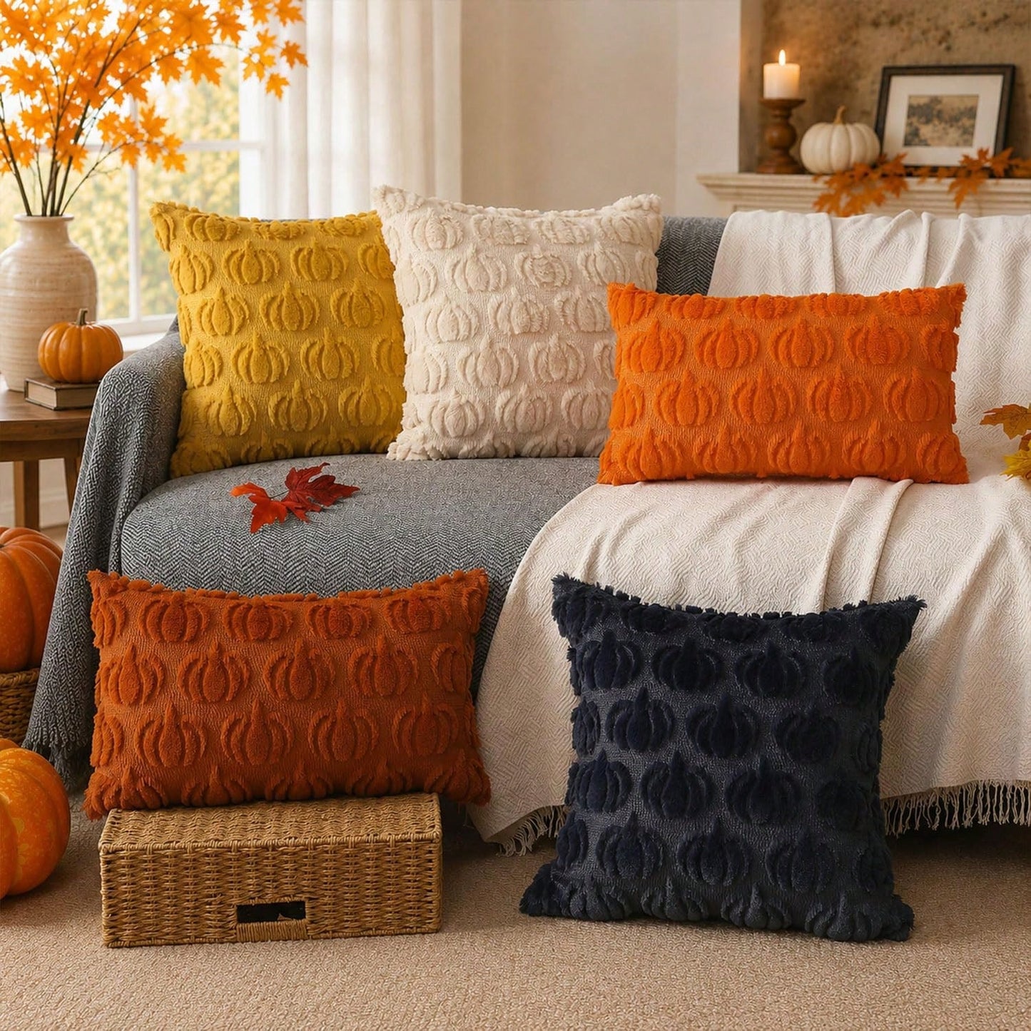 2Pcs Fall Pillow Covers 18x18 Inch Fall Decorations Autumn Rust Pumpkin Throw Pillow Cases Soft Plush Faux Fur Wool Couch Cushion Case For Chair Sofa Bedroom Living Room Home Decor
