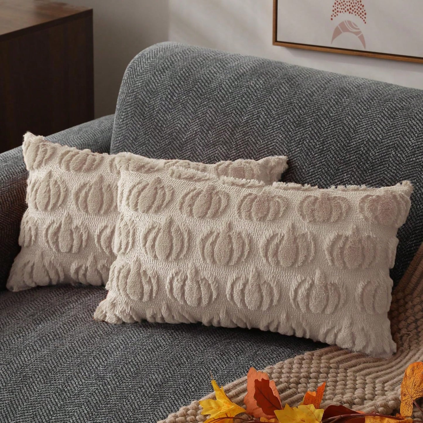 2Pcs Fall Pillow Covers 18x18 Inch Fall Decorations Autumn Rust Pumpkin Throw Pillow Cases Soft Plush Faux Fur Wool Couch Cushion Case For Chair Sofa Bedroom Living Room Home Decor