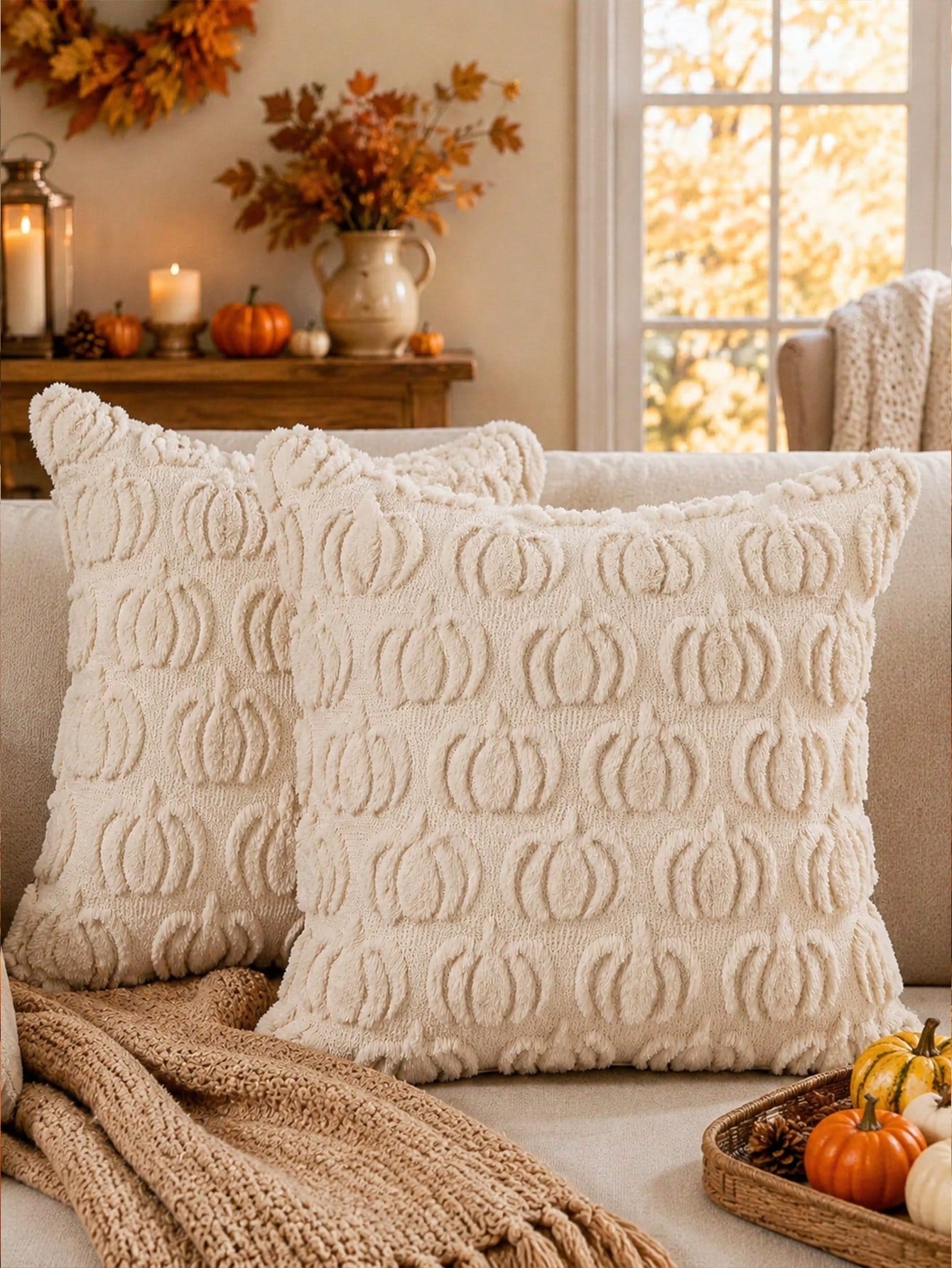 2Pcs Fall Pillow Covers 18x18 Inch Fall Decorations Autumn Rust Pumpkin Throw Pillow Cases Soft Plush Faux Fur Wool Couch Cushion Case For Chair Sofa Bedroom Living Room Home Decor