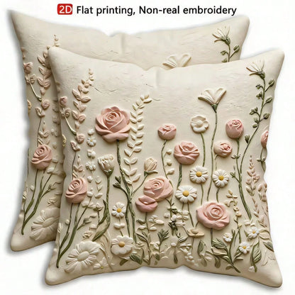2pcs Floral Pink Rose & Daisy Pattern Flat Printed Pillow Covers, Soft & Comfortable Polyester, 45x45cm (17.72x17.72inch), Zipper Closure, Machine Washable, Suitable For Home Decor, Living Room, Bedro