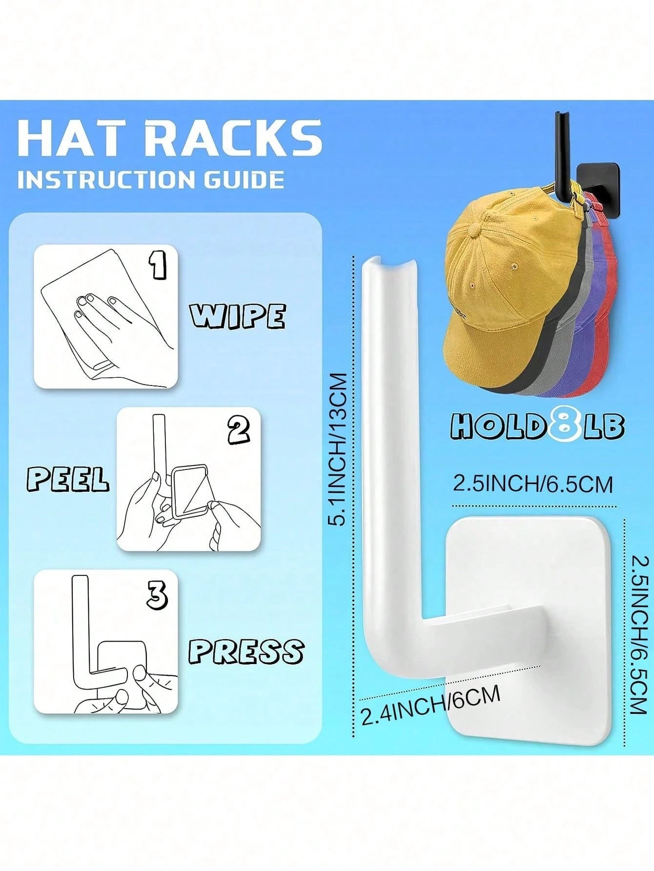 2pcs Hat Rack For Wall Hat Organizer Hat Racks For Baseball Caps, Adhesive Hat Hooks For Wall, No Drilling Hat Hangers For Closet Cowboy Hat Holder Display, Sticky Hat Storage For Baseball Caps Hanger