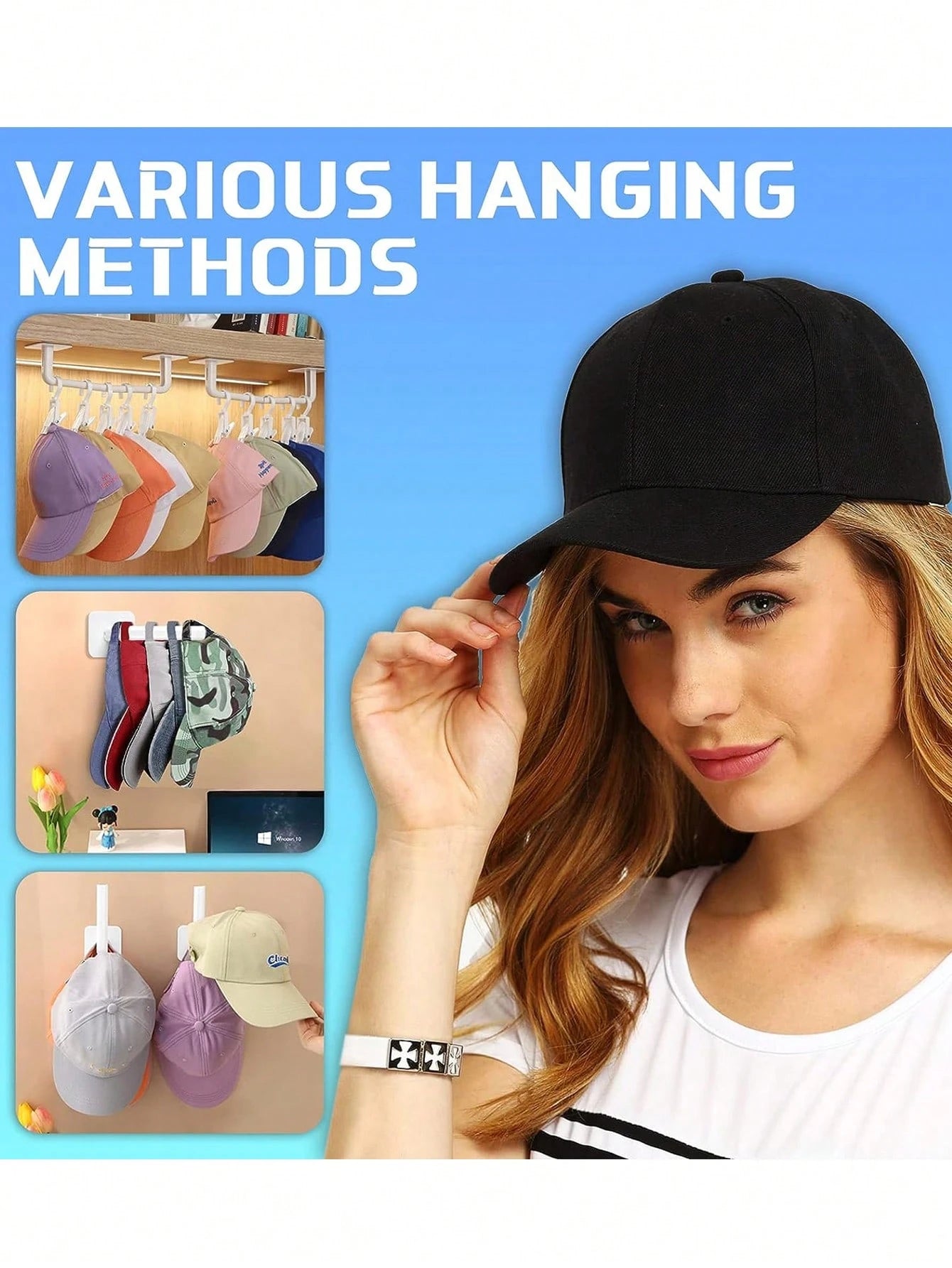2pcs Hat Rack For Wall Hat Organizer Hat Racks For Baseball Caps, Adhesive Hat Hooks For Wall, No Drilling Hat Hangers For Closet Cowboy Hat Holder Display, Sticky Hat Storage For Baseball Caps Hanger