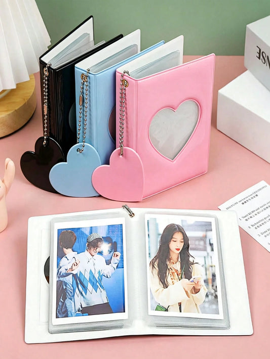 2Pcs Heart Hollow PU Leather Photocard Binder Set, 3 Inch Mini Photo Album, Idol Photocard Holder With Heart Charm Pendant, For Polaroids Lomo Cards Star Chasing Cards, Multi-Color Optional