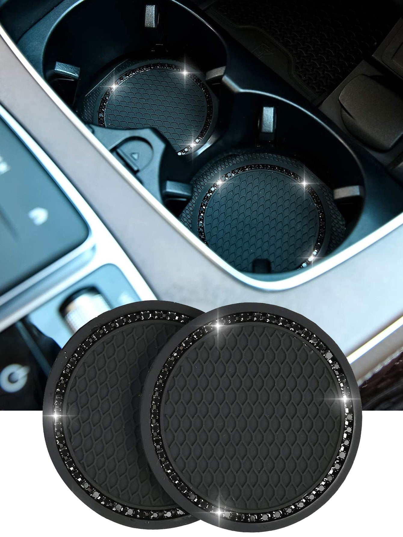 2pcs Honeycomb Embossed Rhinestone Decor Car Coaster