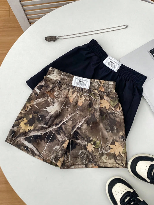 2pcs Kids Boys Casual Camo & Black Cargo Shorts Set,Comfortable Summer Outfit,Versatile For School,Outdoor,Sports,Spring/Summer/Fall