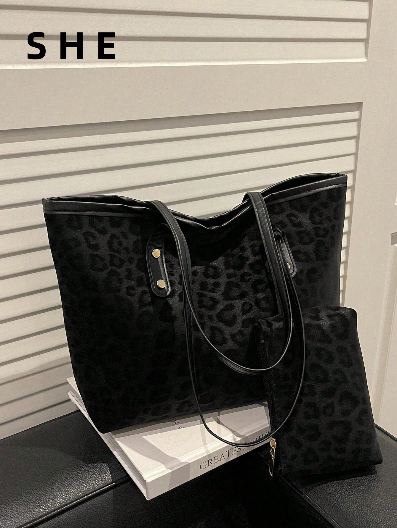 2pcs Large Capacity Leopard Print Faux Leather Tote Bag, With Dual Handles, Ideal For Commuting, Work Or School.,Business Professional Women