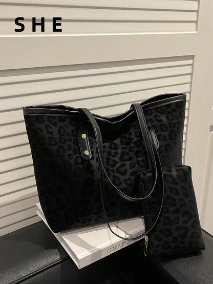 2pcs Large Capacity Leopard Print Faux Leather Tote Bag, With Dual Handles, Ideal For Commuting, Work Or School.,Business Professional Women