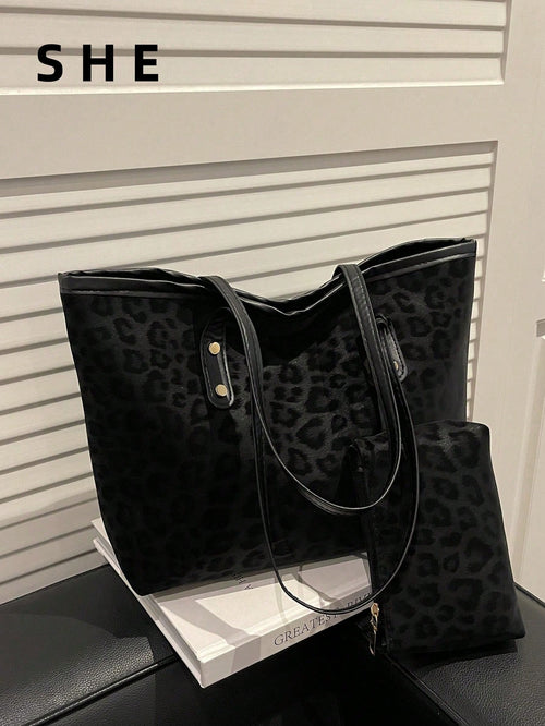 2pcs Large Capacity Leopard Print Faux Leather Tote Bag, With Dual Handles, Ideal For Commuting, Work Or School.,Business Professional Women