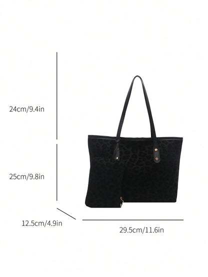 2pcs Large Capacity Leopard Print Faux Leather Tote Bag, With Dual Handles, Ideal For Commuting, Work Or School.,Business Professional Women