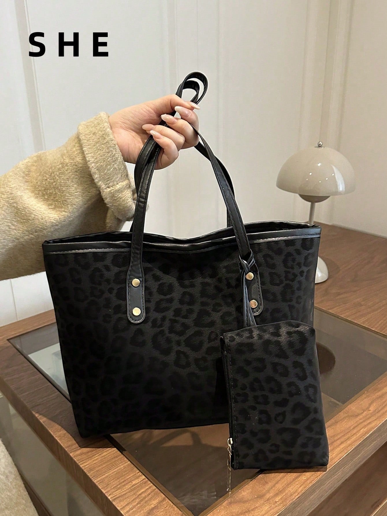 2pcs Large Capacity Leopard Print Faux Leather Tote Bag, With Dual Handles, Ideal For Commuting, Work Or School.,Business Professional Women