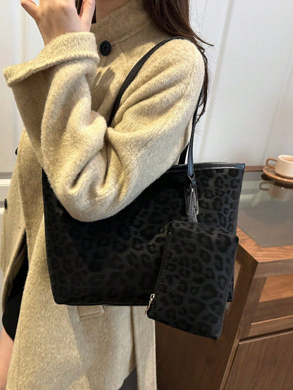 2pcs Large Capacity Leopard Print Faux Leather Tote Bag, With Dual Handles, Ideal For Commuting, Work Or School.,Business Professional Women