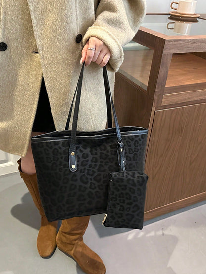 2pcs Large Capacity Leopard Print Faux Leather Tote Bag, With Dual Handles, Ideal For Commuting, Work Or School.,Business Professional Women
