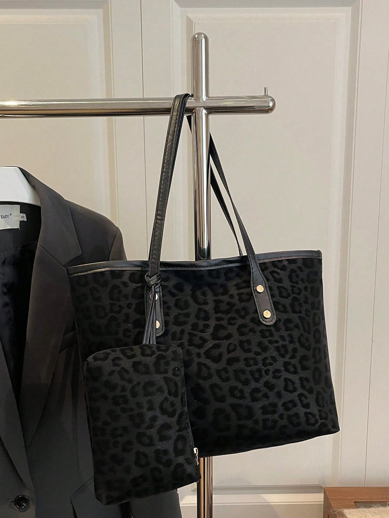 2pcs Large Capacity Leopard Print Faux Leather Tote Bag, With Dual Handles, Ideal For Commuting, Work Or School.,Business Professional Women