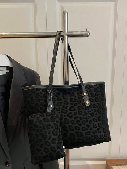 2pcs Large Capacity Leopard Print Faux Leather Tote Bag, With Dual Handles, Ideal For Commuting, Work Or School.,Business Professional Women