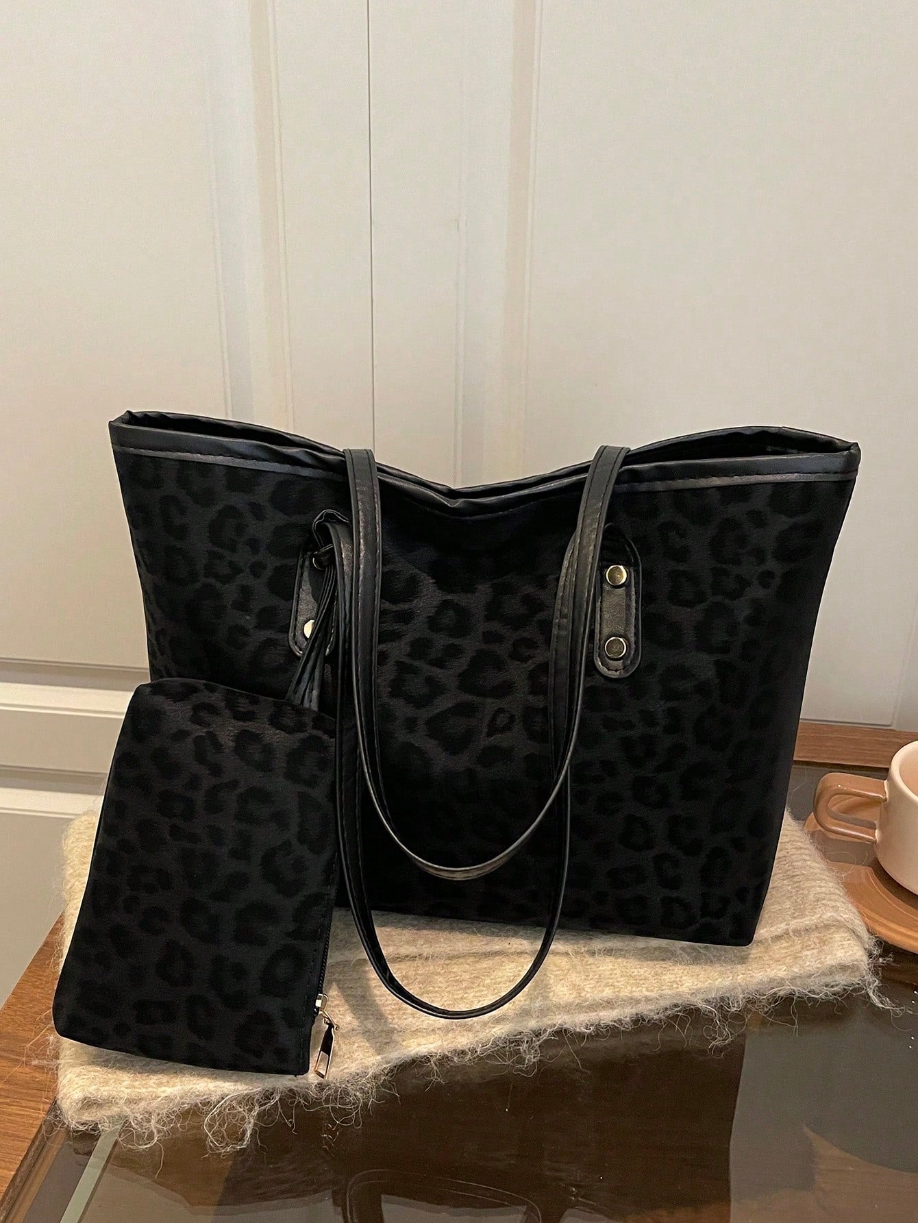 2pcs Large Capacity Leopard Print Faux Leather Tote Bag, With Dual Handles, Ideal For Commuting, Work Or School.,Business Professional Women