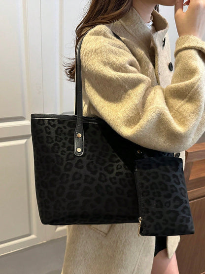 2pcs Large Capacity Leopard Print Faux Leather Tote Bag, With Dual Handles, Ideal For Commuting, Work Or School.,Business Professional Women