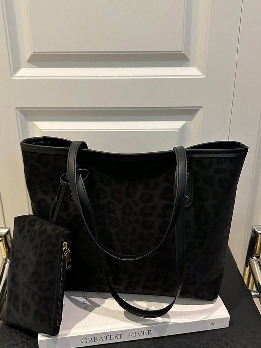 2pcs Large Capacity Leopard Velvet Handbag, With Dual Handles, Ideal For Commuting To Work Or School. This Spacious, Lightweight Tote Bag Combines Classic Casual And Business Casual Styles. It Is Very