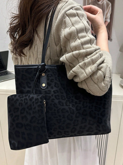 2pcs Large Capacity Leopard Velvet Handbag, With Dual Handles, Ideal For Commuting To Work Or School. This Spacious, Lightweight Tote Bag Combines Classic Casual And Business Casual Styles. It Is Very