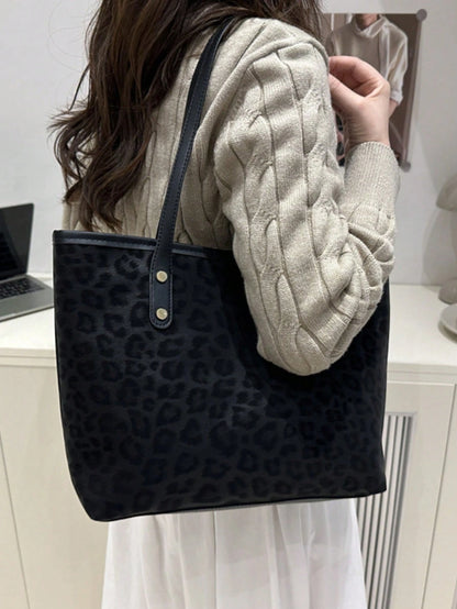 2pcs Large Capacity Leopard Velvet Handbag, With Dual Handles, Ideal For Commuting To Work Or School. This Spacious, Lightweight Tote Bag Combines Classic Casual And Business Casual Styles. It Is Very