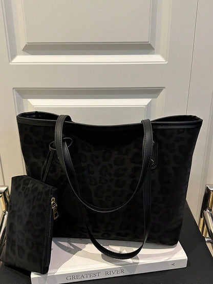 2pcs Large Capacity Leopard Velvet Handbag, With Dual Handles, Ideal For Commuting To Work Or School. This Spacious, Lightweight Tote Bag Combines Classic Casual And Business Casual Styles. It Is Very