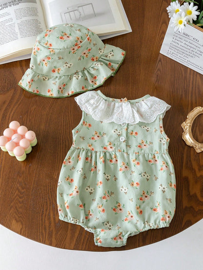 2pcs Newborn Baby Girl Cute&Stylish Sleeveless Bodysuit And Hat Set, Summer
