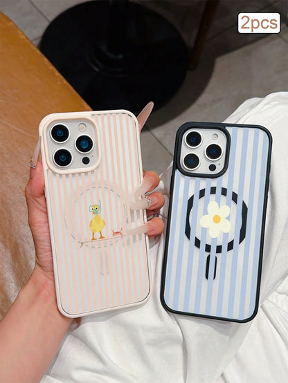 2pcs/Pack Striped Print Magnetic Matte TPU Shockproof Full Coverage Protective Phone Case Compatible With Apple 11/12/13/14/15/16/17 Pro Max