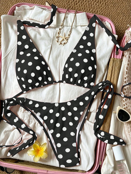 2pcs Polka Dot Elegant Halter Neck Back Tie Open Back Bikini Top With Side Tie Bikini Bottoms, Beach Pool Water Sports Seaside Women's Summer Black