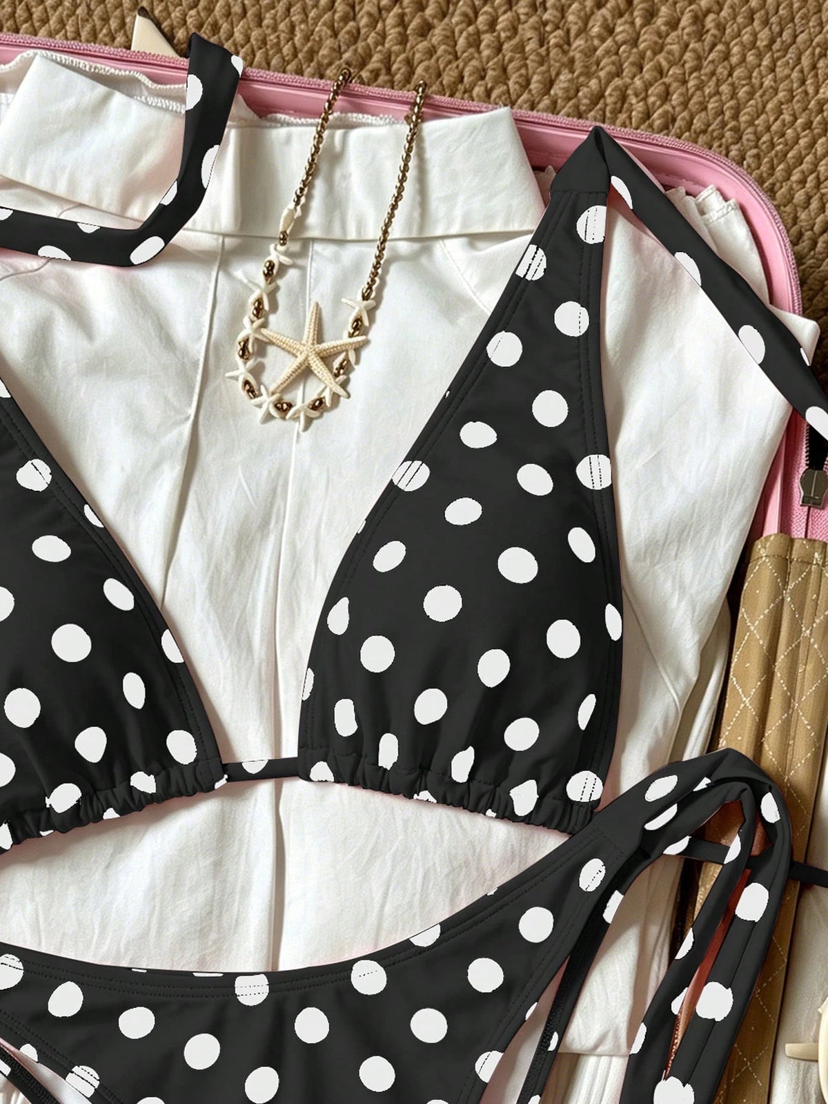 2pcs Polka Dot Elegant Halter Neck Back Tie Open Back Bikini Top With Side Tie Bikini Bottoms, Beach Pool Water Sports Seaside Women's Summer Black