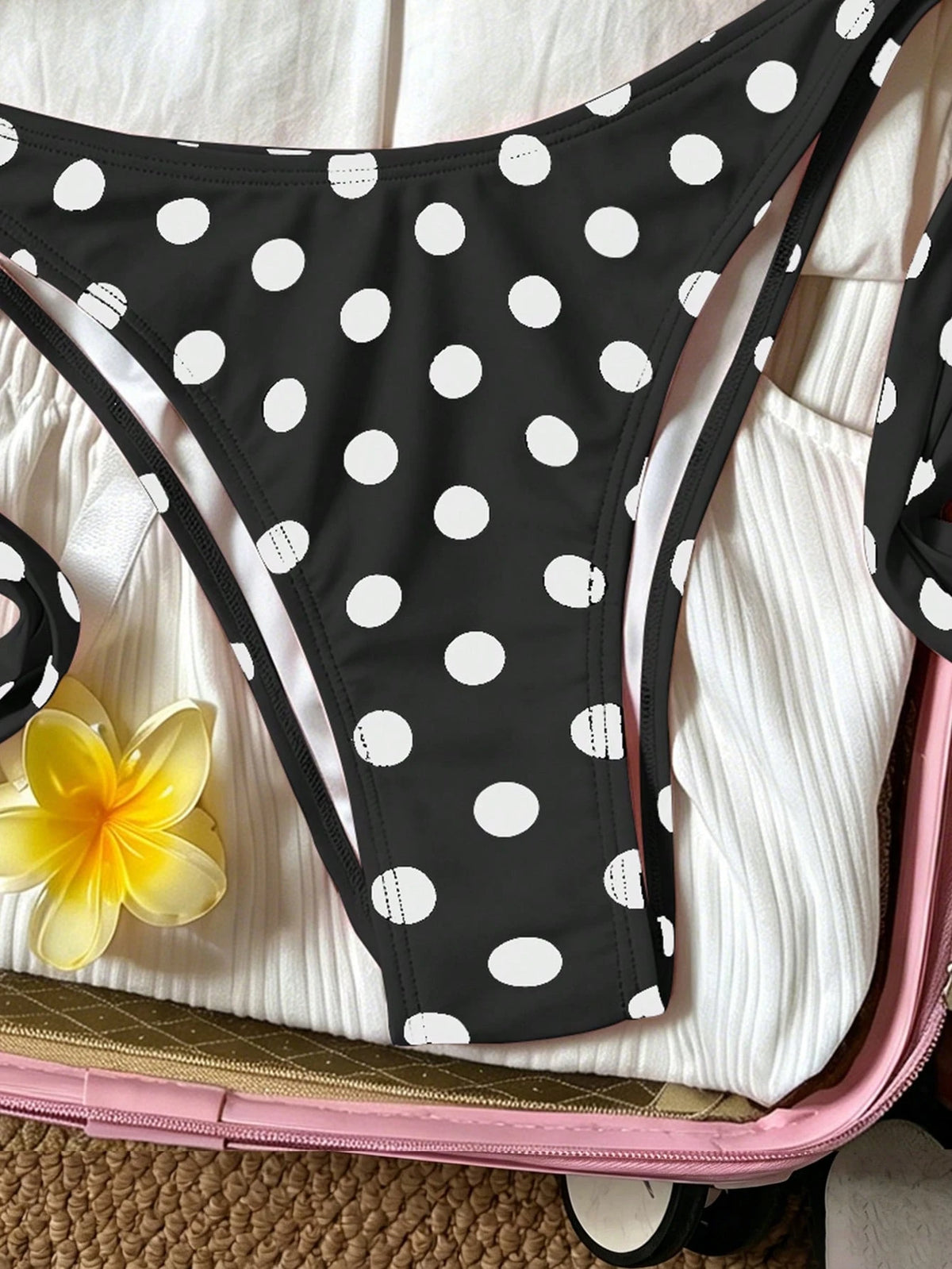 2pcs Polka Dot Elegant Halter Neck Back Tie Open Back Bikini Top With Side Tie Bikini Bottoms, Beach Pool Water Sports Seaside Women's Summer Black
