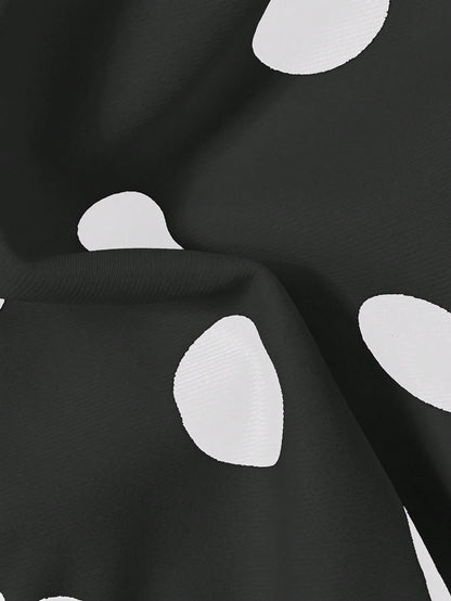 2pcs Polka Dot Elegant Halter Neck Back Tie Open Back Bikini Top With Side Tie Bikini Bottoms, Beach Pool Water Sports Seaside Women's Summer Black