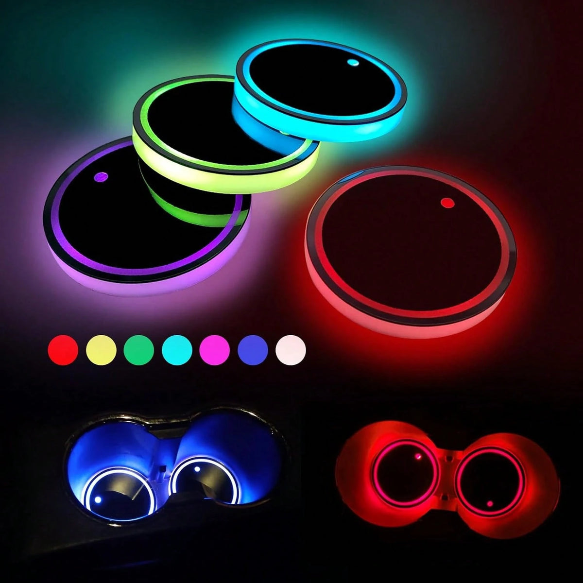 2PCS Rechargeable LED Cup Holder Lights, 7 Color Changing Car Cup Coaster Lights, USB Charging Ambient Interior Decor Lights, Universal Car Accessories For Men Women Teens, Christmas Car Decor Essenti