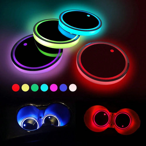 2PCS Rechargeable LED Cup Holder Lights, 7 Color Changing Car Cup Coaster Lights, USB Charging Ambient Interior Decor Lights, Universal Car Accessories For Men Women Teens, Christmas Car Decor Essenti