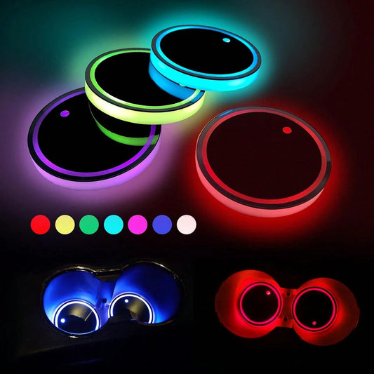 2PCS Rechargeable LED Cup Holder Lights, 7 Color Changing Car Cup Coaster Lights, USB Charging Ambient Interior Decor Lights, Universal Car Accessories For Men Women Teens, Christmas Car Decor Essenti