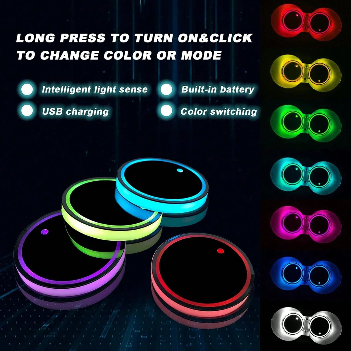 2PCS Rechargeable LED Cup Holder Lights, 7 Color Changing Car Cup Coaster Lights, USB Charging Ambient Interior Decor Lights, Universal Car Accessories For Men Women Teens, Christmas Car Decor Essenti