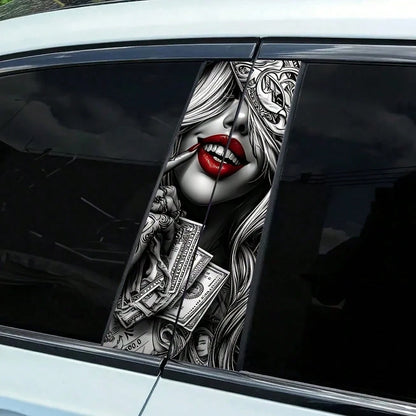 2pcs Red Lips Girl Car Stickers, Vinyl Material, Matte Finish, Easy To Apply, Removable Without Residue, Scratch-Resistant And Waterproof, Self-Adhesive, One-Time Use, Charming Wealth Design, Suitable