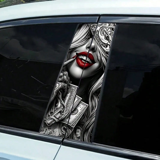 2pcs Red Lips Girl Car Stickers, Vinyl Material, Matte Finish, Easy To Apply, Removable Without Residue, Scratch-Resistant And Waterproof, Self-Adhesive, One-Time Use, Charming Wealth Design, Suitable
