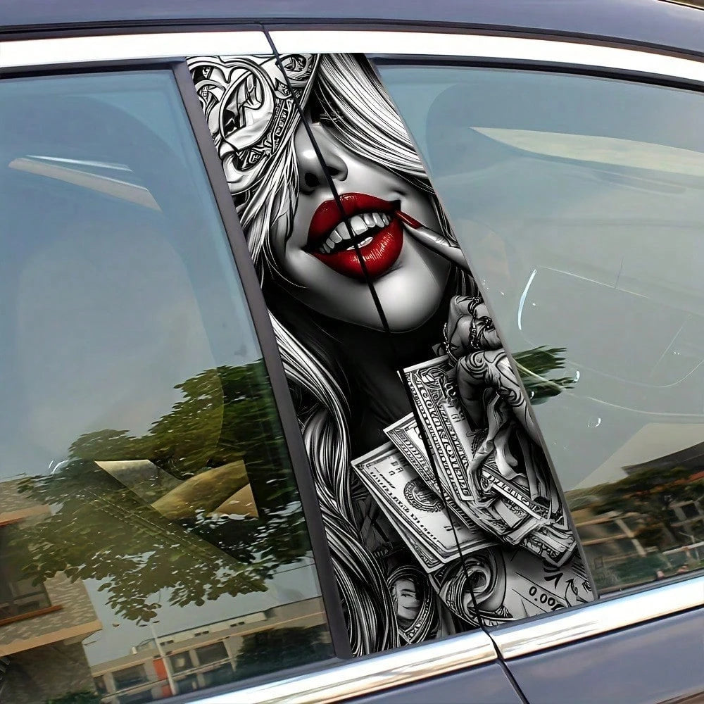 2pcs Red Lips Girl Car Stickers, Vinyl Material, Matte Finish, Easy To Apply, Removable Without Residue, Scratch-Resistant And Waterproof, Self-Adhesive, One-Time Use, Charming Wealth Design, Suitable