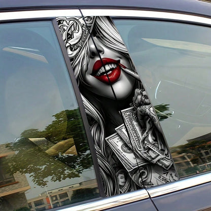 2pcs Red Lips Girl Car Stickers, Vinyl Material, Matte Finish, Easy To Apply, Removable Without Residue, Scratch-Resistant And Waterproof, Self-Adhesive, One-Time Use, Charming Wealth Design, Suitable