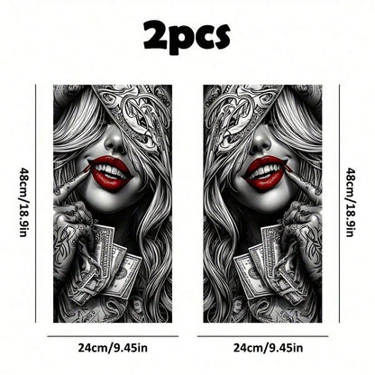 2pcs Red Lips Girl Car Stickers, Vinyl Material, Matte Finish, Easy To Apply, Removable Without Residue, Scratch-Resistant And Waterproof, Self-Adhesive, One-Time Use, Charming Wealth Design, Suitable