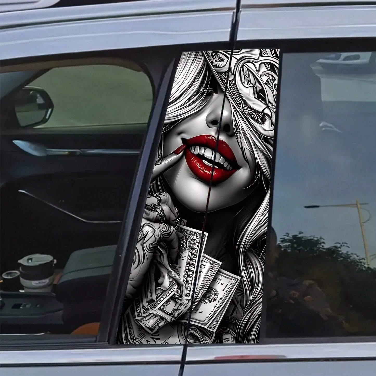 2pcs Red Lips Girl Car Stickers, Vinyl Material, Matte Finish, Easy To Apply, Removable Without Residue, Scratch-Resistant And Waterproof, Self-Adhesive, One-Time Use, Charming Wealth Design, Suitable