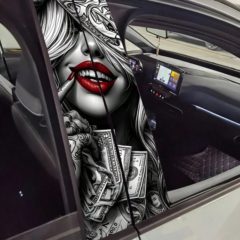 2pcs Red Lips Girl Car Stickers, Vinyl Material, Matte Finish, Easy To Apply, Removable Without Residue, Scratch-Resistant And Waterproof, Self-Adhesive, One-Time Use, Charming Wealth Design, Suitable