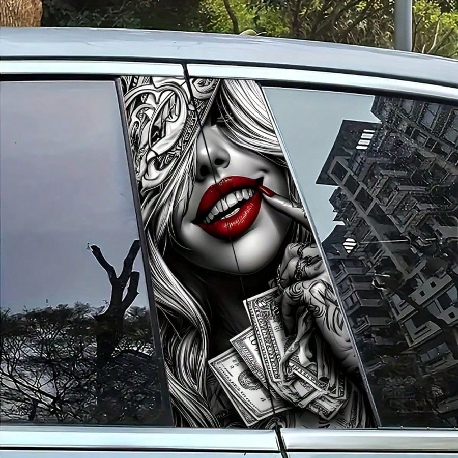 2pcs Red Lips Girl Car Stickers, Vinyl Material, Matte Finish, Easy To Apply, Removable Without Residue, Scratch-Resistant And Waterproof, Self-Adhesive, One-Time Use, Charming Wealth Design, Suitable