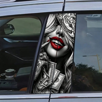 2pcs Red Lips Girl Car Stickers, Vinyl Material, Matte Finish, Easy To Apply, Removable Without Residue, Scratch-Resistant And Waterproof, Self-Adhesive, One-Time Use, Charming Wealth Design, Suitable