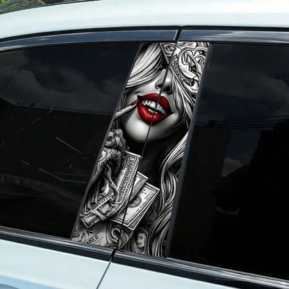 2pcs Red Lips Girl Car Stickers, Vinyl Material, Matte Finish, Easy To Apply, Removable Without Residue, Scratch-Resistant And Waterproof, Self-Adhesive, One-Time Use, Charming Wealth Design, Suitable