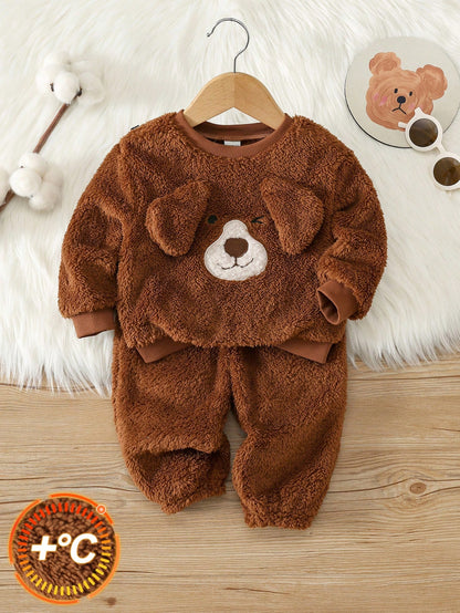 2pcs/Set Baby Boy Autumn/Winter Cute Fluffy Cartoon Pattern Long Sleeve Sweatshirt & Elastic Waist Long Pants Set, Cute Outfit, Infant Set, Halloween Outfit, Plush Set