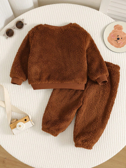 2pcs/Set Baby Boy Autumn/Winter Cute Fluffy Cartoon Pattern Long Sleeve Sweatshirt & Elastic Waist Long Pants Set, Cute Outfit, Infant Set, Halloween Outfit, Plush Set