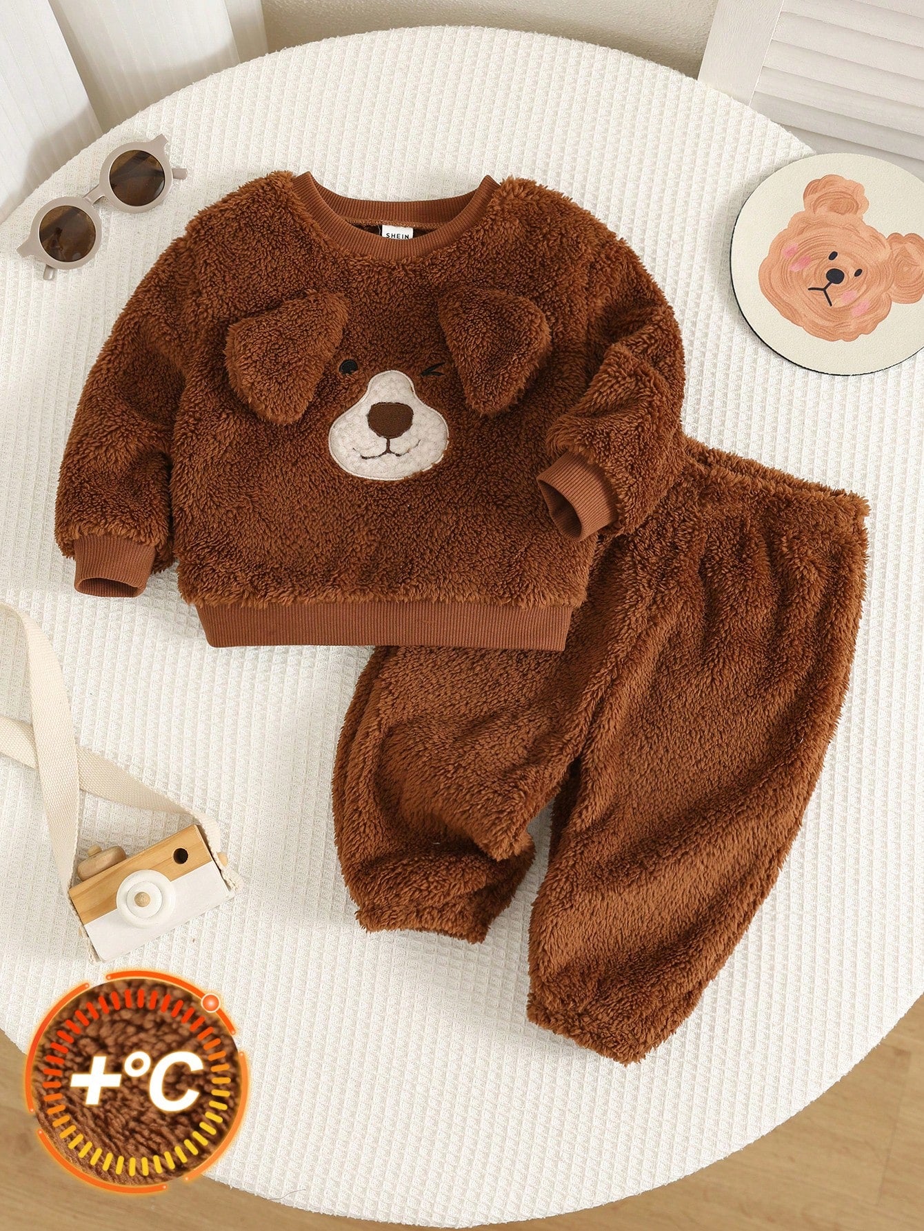 2pcs/Set Baby Boy Autumn/Winter Cute Fluffy Cartoon Pattern Long Sleeve Sweatshirt & Elastic Waist Long Pants Set, Cute Outfit, Infant Set, Halloween Outfit, Plush Set
