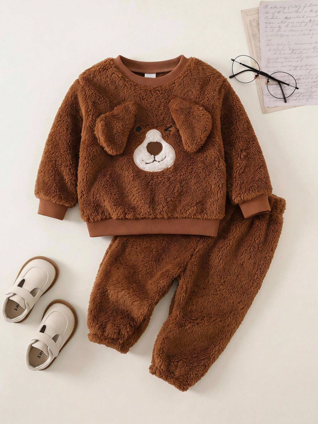2pcs/Set Baby Boy Autumn/Winter Cute Fluffy Cartoon Pattern Long Sleeve Sweatshirt & Elastic Waist Long Pants Set, Cute Outfit, Infant Set, Halloween Outfit, Plush Set