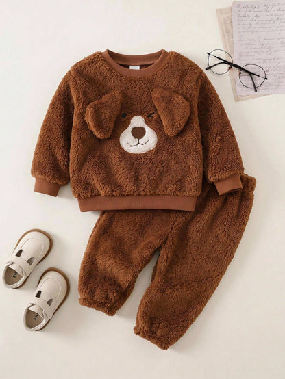 2pcs/Set Baby Boy Autumn/Winter Cute Fluffy Cartoon Pattern Long Sleeve Sweatshirt & Elastic Waist Long Pants Set, Cute Outfit, Infant Set, Halloween Outfit, Plush Set