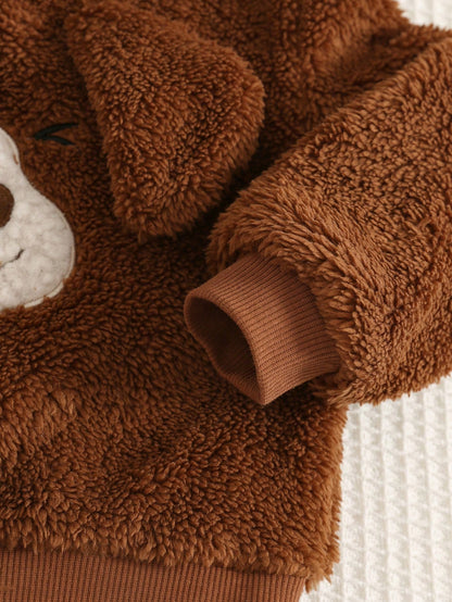 2pcs/Set Baby Boy Autumn/Winter Cute Fluffy Cartoon Pattern Long Sleeve Sweatshirt & Elastic Waist Long Pants Set, Cute Outfit, Infant Set, Halloween Outfit, Plush Set
